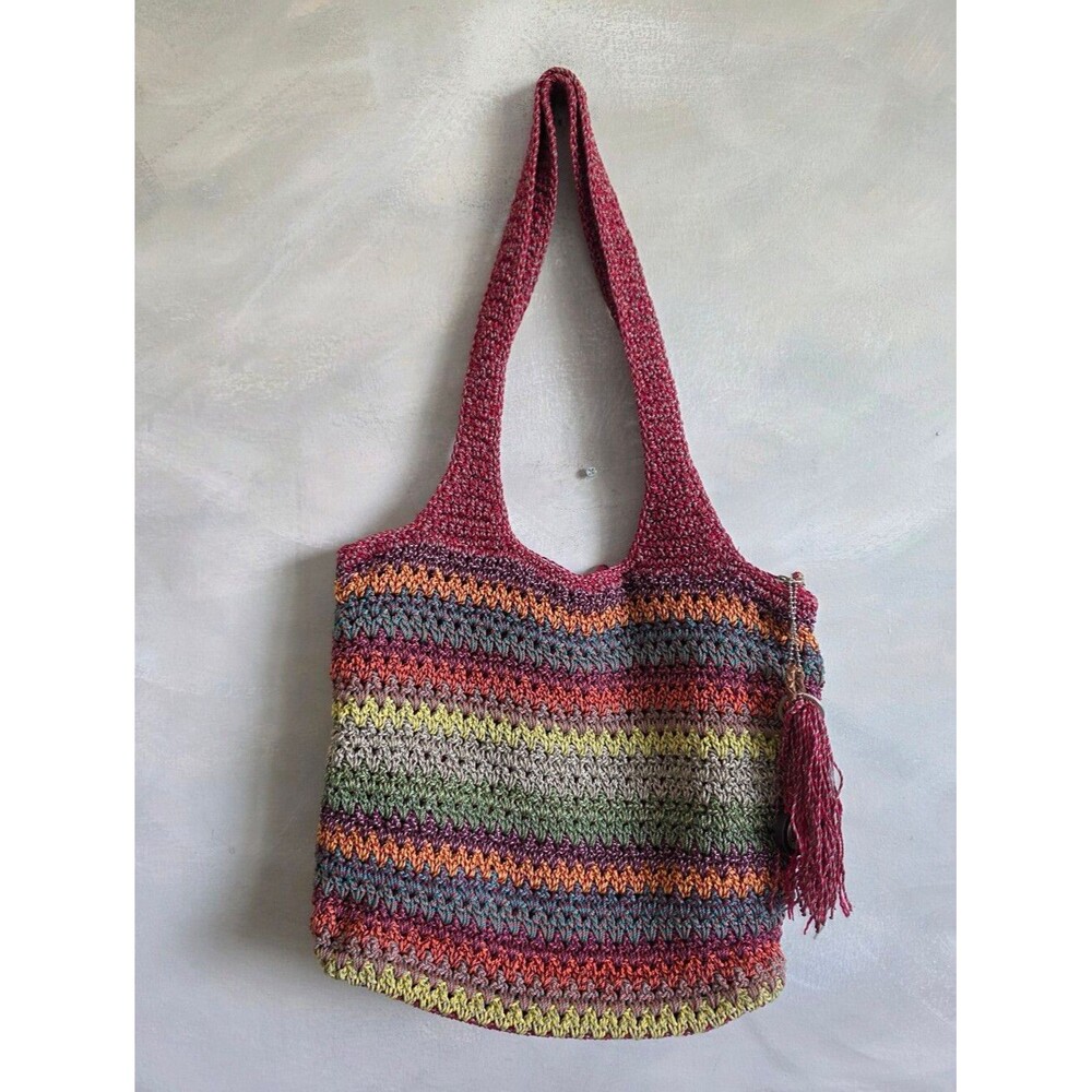 The Sak Multicolored Crochet Striped Tassel Slouchy Beachy Tote Shoulder Bag